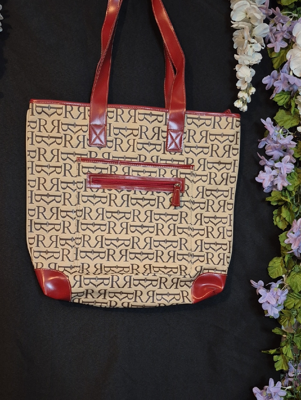 Monogram Canvas Tote with Red Trim and Handles